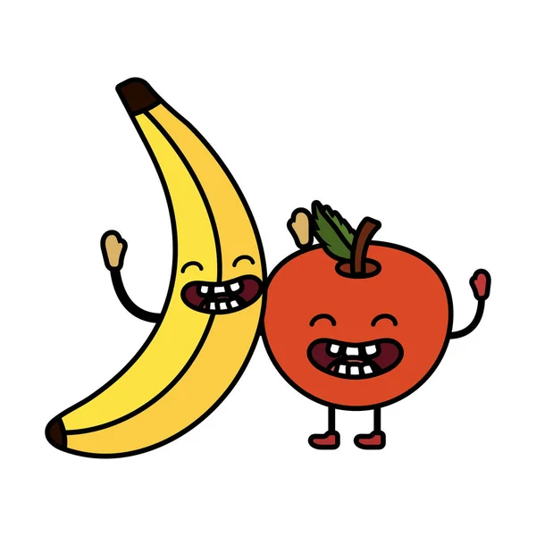 Delicioso Sabroso Kawaii Frutas Manzana Con Plátano Vector Dibujos Animados — Vector de stock