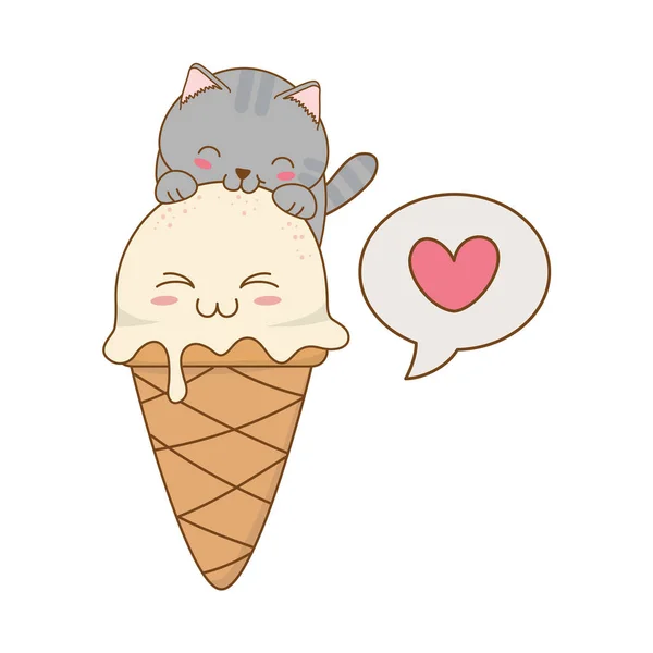 Mignon Petit Chat Avec Crème Glacée Kawaii Personnage Vectoriel Illustration — Image vectorielle