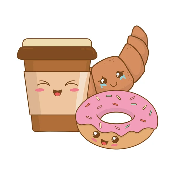 Heerlijke Zoete Donuts Koffie Kawaii Tekens Vector Illustratie Ontwerp — Stockvector