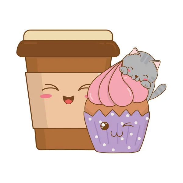 Lindo Pequeño Gato Con Café Bebida Kawaii Carácter Vector Ilustración — Vector de stock