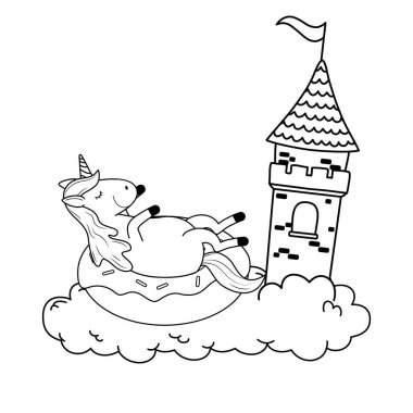 şirin peri masalı unicorn castle bulutlar ile vektör çizim tasarım