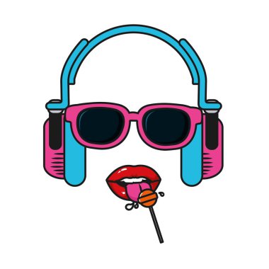 Retro seksi pop sanat dudakları ile güneş gözlüğü karikatür vektör çizim grafik tasarım giyen earpod