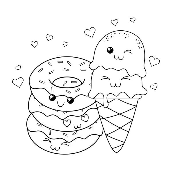 Heerlijke Zoete Donuts Ijs Kawaii Tekens Vector Illustratie Ontwerp — Stockvector