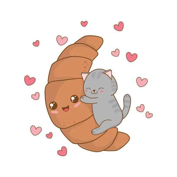 Schattige Kleine Kat Met Croissant Kawaii Characterdesign Vector Illustratie — Stockvector