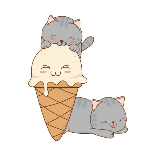 Mignons Petits Chats Avec Crème Glacée Cupcake Kawaii Vecteur Illustration — Image vectorielle