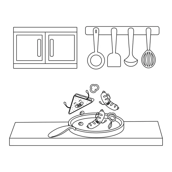 Вкусные Ингредиенты Завтрака Kawaii Сковороде Приготовления Пищи Кухне Мультфильм Вектор — стоковый вектор