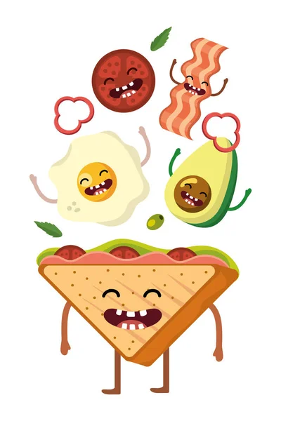 野菜とベーコン漫画ベクトル イラスト グラフィック デザインと卵のおいしいおいしい可愛いサンドイッチ — ストックベクタ