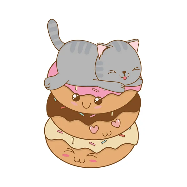 Ładny Mały Kot Pączki Kawaii Charakter Wektor Ilustracja Projekt — Wektor stockowy