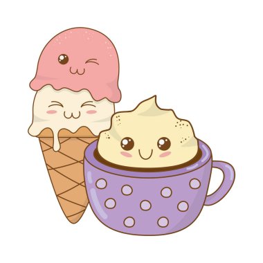dondurma kawaii karakterlerle çikolata kupa vektör çizim tasarım