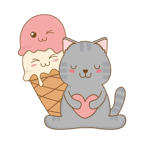 Mignon Petit Chat Avec Crème Glacée Kawaii Personnage Vectoriel Illustration — Image vectorielle