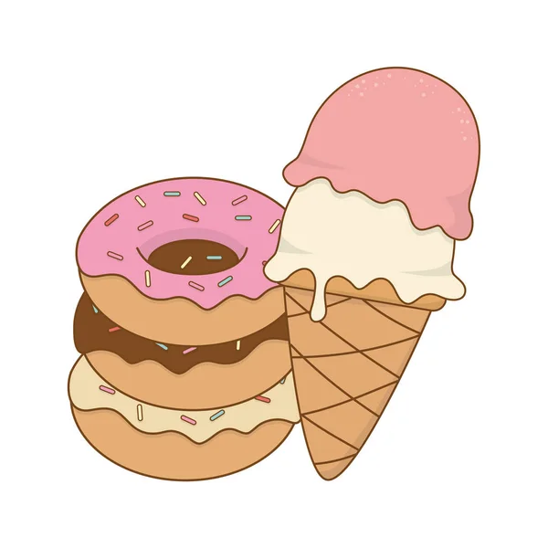 Leckeres Süßes Eis Und Donuts Vektor Illustration Design — Stockvektor