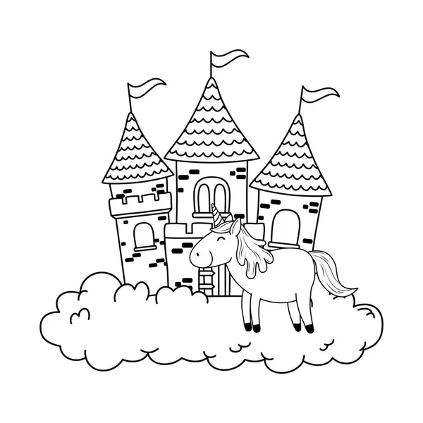 Bonito Conto Fadas Unicórnio Com Castelo Vetor Nuvens Ilustração Design —  Vetores de Stock