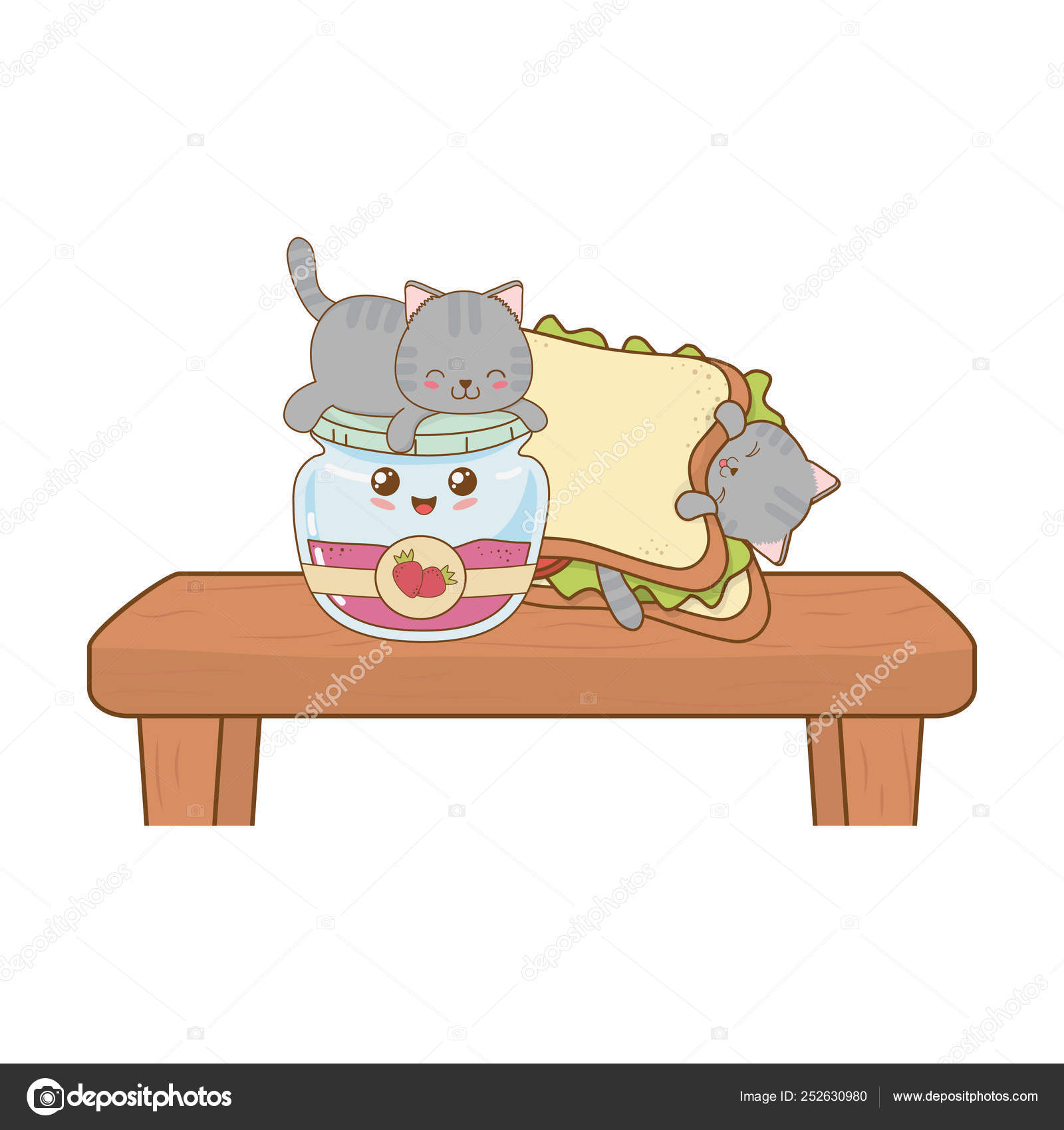 Cute Little Cats Strawberry Jam Kawaii Characters Vector Illustration