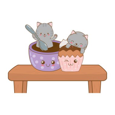 sevimli küçük kediler çikolata kupa kawaii karakterlerle illüstrasyon tasarım vektör