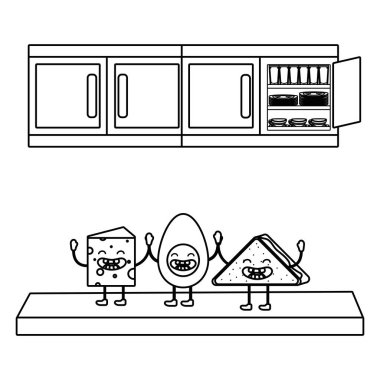 lezzetli lezzetli kawaii yiyecek yumurta ekmek dilimi ve peynir mutfak karikatür vektör çizim grafik tasarım adlı parçası ile