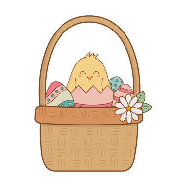 sepet çiçek Paskalya karakter vektör çizim tasarım içinde kırık yumurta ile küçük piliç