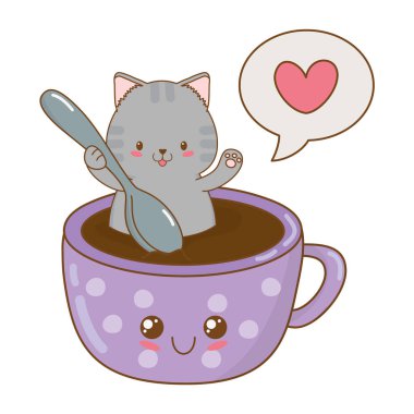 çikolata kupa kawaii karakter vektör çizim tasarımı ile şirin küçük kedi
