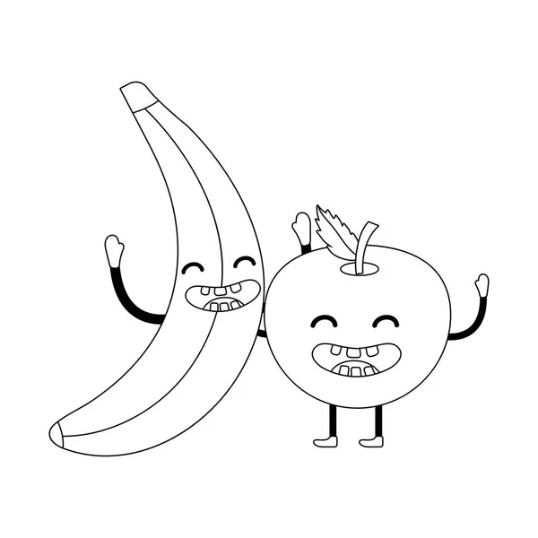 Delicious Tasty Kawaii Fruits Apple Banana Cartoon Vector Illustration Graphic — Stock Vector
