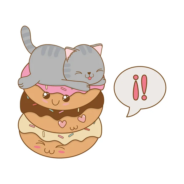 Niedliche Kleine Katze Mit Donuts Kawaii Charakter Vektor Illustration Design — Stockvektor