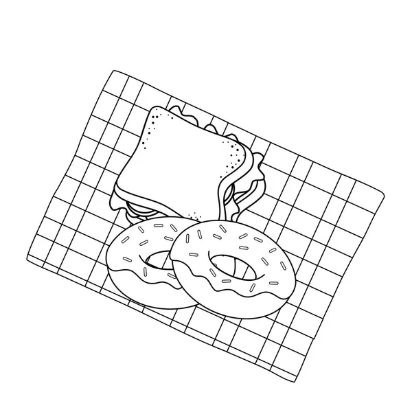 美味的三明治与甜甜圈在野餐衣服矢量插图设计 — 图库矢量图片