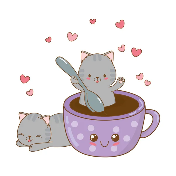 Carino Piccoli Gatti Con Tazza Cioccolato Kawaii Caratteri Vettoriale Illustrazione — Vettoriale Stock