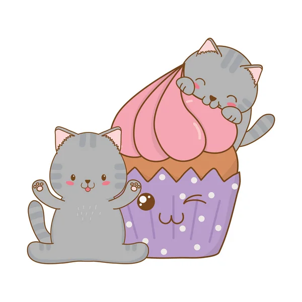 Schattige Kleine Katten Met Cupcake Kawaii Tekens Vector Illustratie Ontwerp — Stockvector
