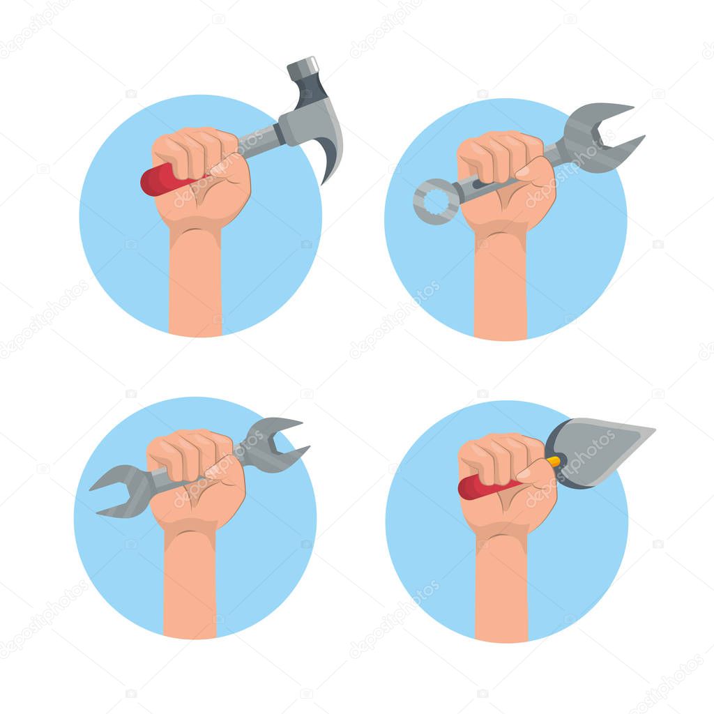 set hands with construction equipment service vector illustration