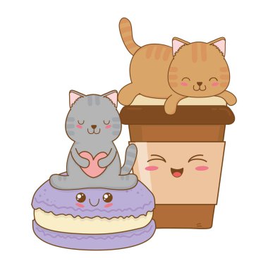 Kahve içecek kawaii karakterlerle sevimli küçük kediler illüstrasyon tasarım vektör