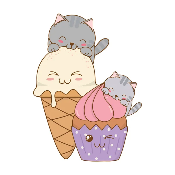 アイスクリームとカップケーキの可愛い猫と小さなベクトル イラスト デザイン — ストックベクタ