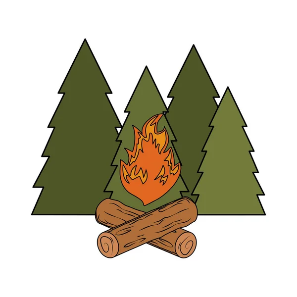 Sahne Kamp Ateşi Vektör Çizim Tasarım Ile Çam Ağaçları Orman — Stok Vektör