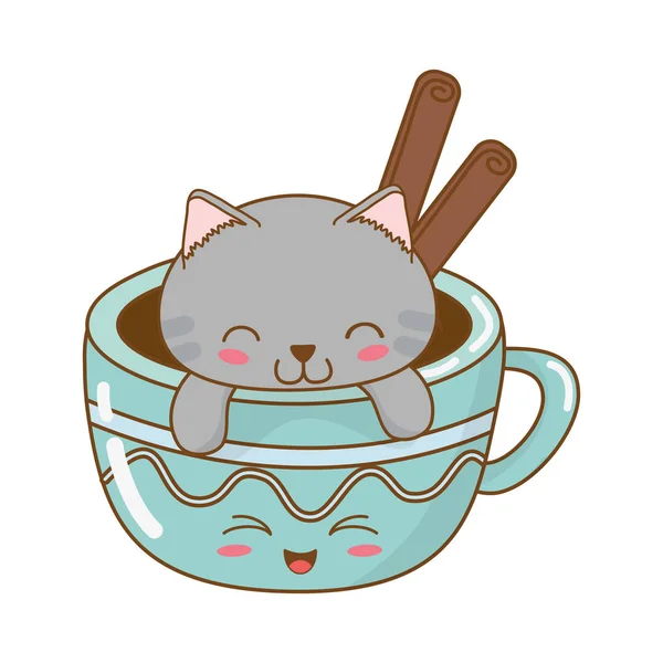 Cute Little Cat Chocolate Mug Kawaii Character Vector Illustration Design — Stock Vector
