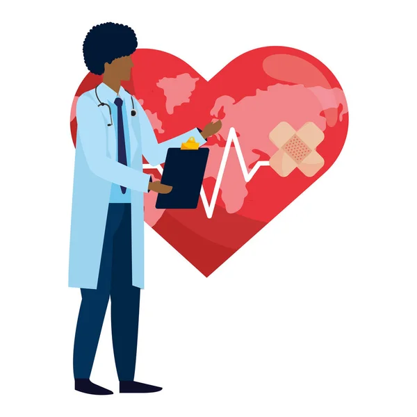 Zdravotní Lékař Muž Záchranou Světa Mapa Srdce Ikony Kreslené Vektorové — Stockový vektor