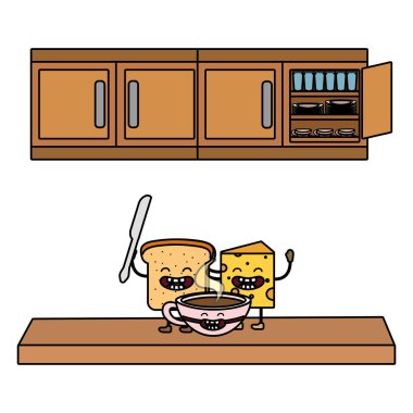 lezzetli kawaii kahvaltı malzemeler, mutfak karikatür vektör çizim grafik tasarım