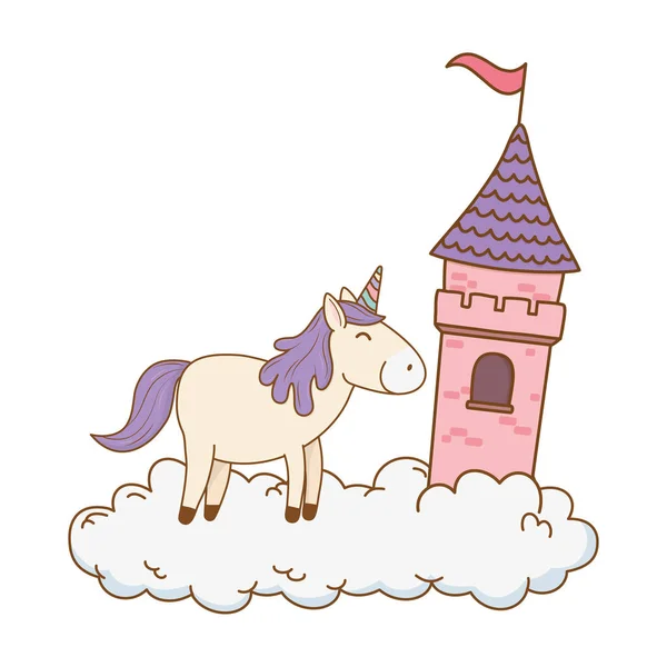 Carino Unicorno Fiabesco Con Castello Nelle Nuvole Vettoriale Illustrazione Design — Vettoriale Stock