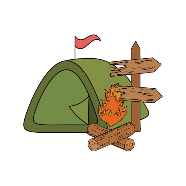 Ξύλινα Βέλη Ετικέτα Οδηγός Τέντα Και Campfire Σχεδιασμό Εικονογράφηση Διάνυσμα — Διανυσματικό Αρχείο