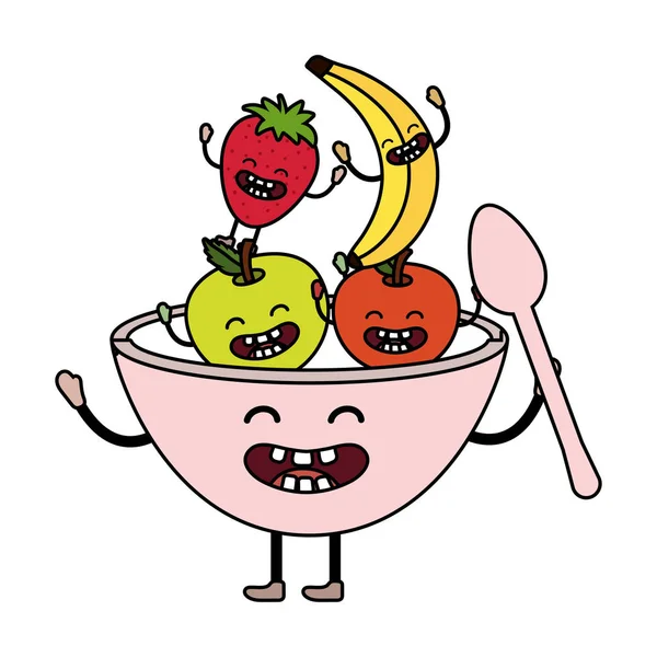Delicious Tasty Kawaii Fruits Falling Bowl Cartoon Vector Illustration Graphic — Stock Vector