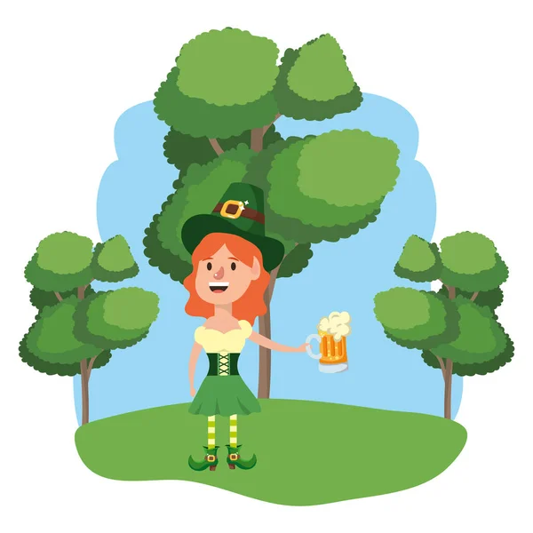 Leprechaun Beer Female Wooded Landscape Vector Illustration Graphic Design — Stock Vector