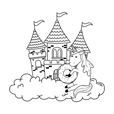 şirin peri masalı unicorn castle bulutlar ile vektör çizim tasarım