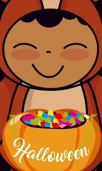 Niño Con Traje Oso Celebración Caramelos Vector Calabaza Ilustración Diseño — Vector de stock