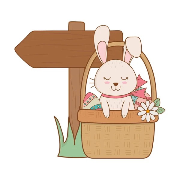 Piccolo Coniglio Nel Cestino Con Guida Freccia Pasqua Personaggio Vettore — Vettoriale Stock