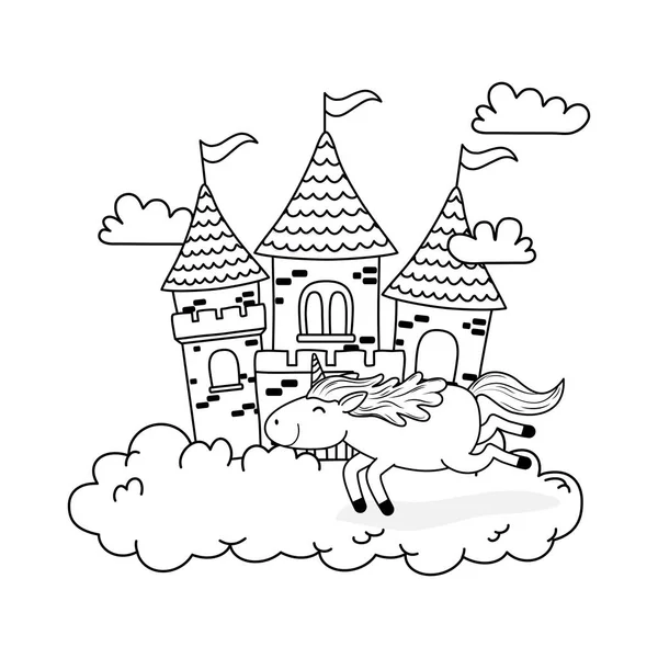 Lindo Unicornio Cuento Hadas Con Castillo Las Nubes Vector Ilustración — Vector de stock