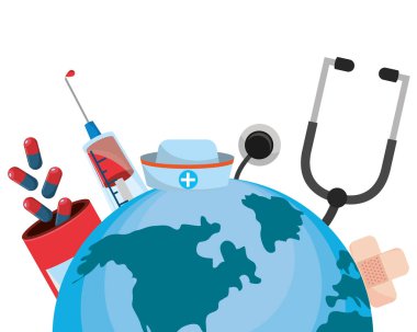 Dünya harita simgesini karikatür vektör çizim grafik tasarım tıbbi hastane malzemeleri