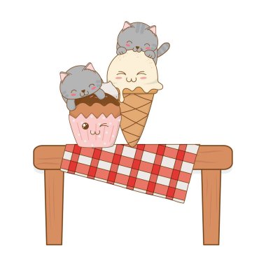 dondurma ve cupcake kawaii vektör çizim tasarımı ile sevimli küçük kediler