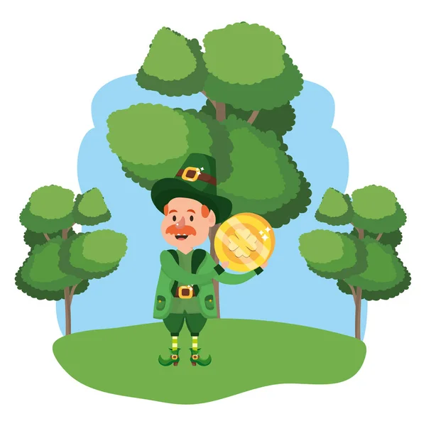 Duende Con Moneda Oro Bigote Arbolado Paisaje Vector Ilustración Diseño — Vector de stock