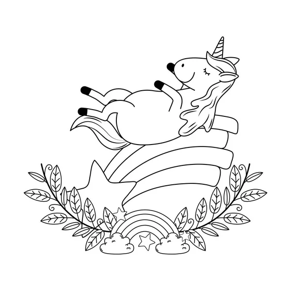 可爱的童话般的独角兽在花圈与彩虹矢量插图设计 — 图库矢量图片