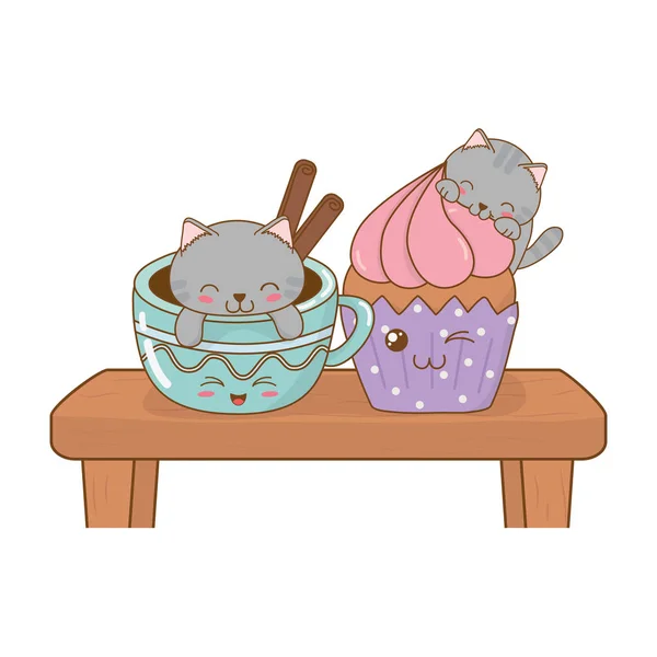 Lindo Poco Gatos Con Chocolate Taza Kawaii Caracteres Vector Ilustración — Vector de stock