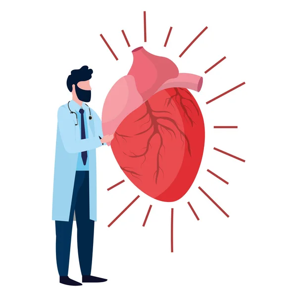 Zdravotní Lékař Muž Který Držel Lidské Srdce Kreslené Vektorové Ilustrace — Stockový vektor