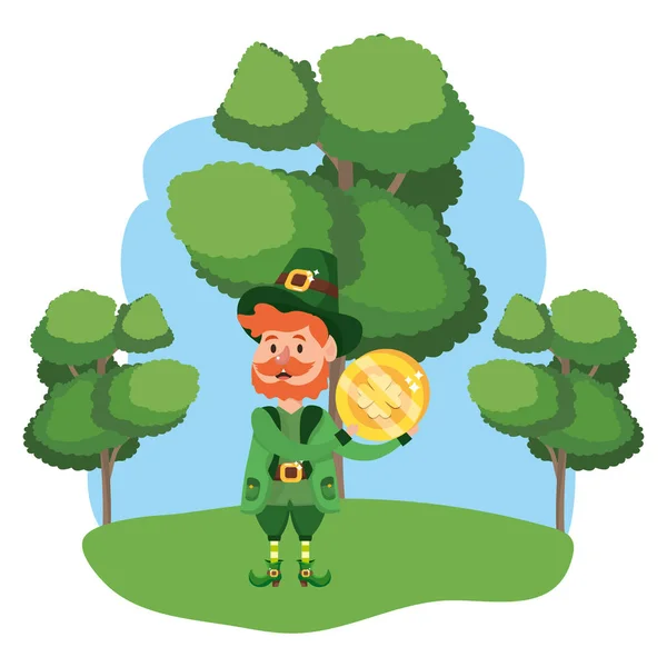 Duende Con Moneda Oro Barba Paisaje Arbolado Vector Ilustración Diseño — Vector de stock