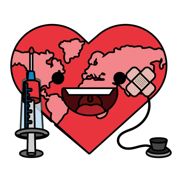 World Saving Eco Heart Hurt Stethoscope Bandage Plaster Cartoon Vector — Stock Vector