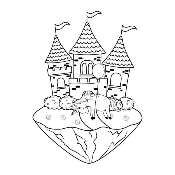 Lindo Unicornio Cuento Hadas Con Castillo Diseño Ilustración Vectores Paisaje — Vector de stock